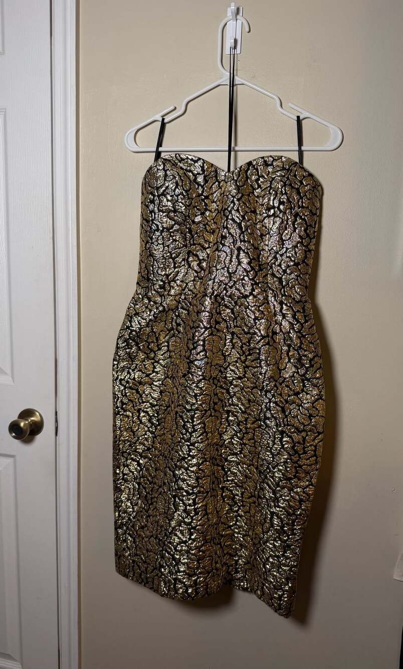 Vintage 80s A.J. Bari Black Gold Metallic Brocade Sweetheart Cocktail Dress